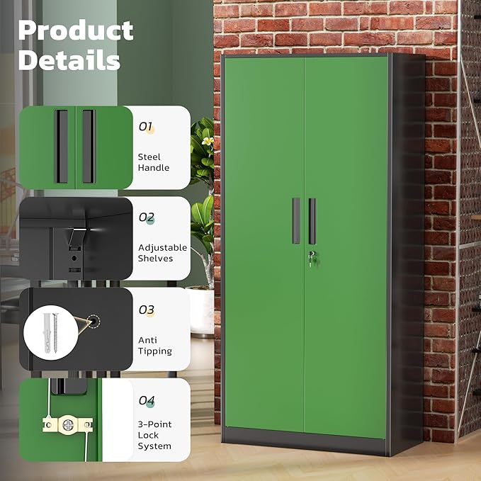 Greenvelly Metal Lockable Storage Cabinet, 72” Storage Cabinet with 2 Doors and 4 Adjustable Shelves for Office, Home, Garage, Pantry (Assembly Required, Black Green)