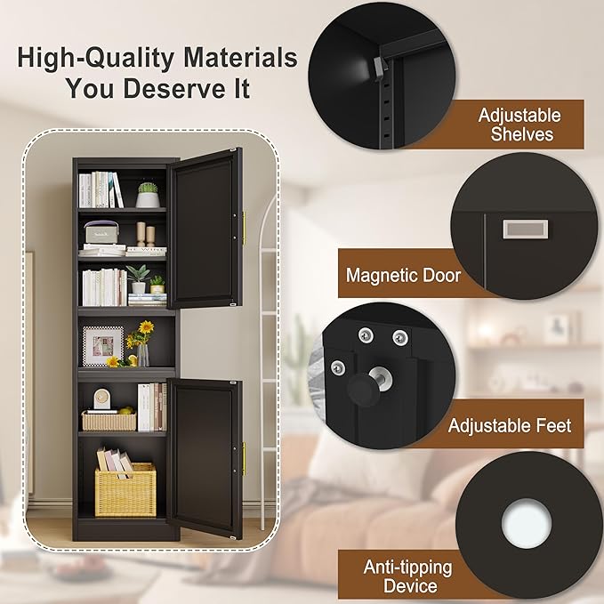 67" Tall Narrow Storage Cabinet Metal Bathroom Cabinet with 2 Doors & 4 Adjustable Shelves, Standing Pantry Cabinets Cupboard for Kitchen, Dining Room, Living Room and Bathroom (Black)