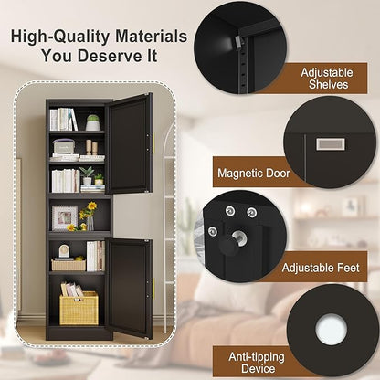 67" Tall Narrow Storage Cabinet Metal Bathroom Cabinet with 2 Doors & 4 Adjustable Shelves, Standing Pantry Cabinets Cupboard for Kitchen, Dining Room, Living Room and Bathroom (Black)