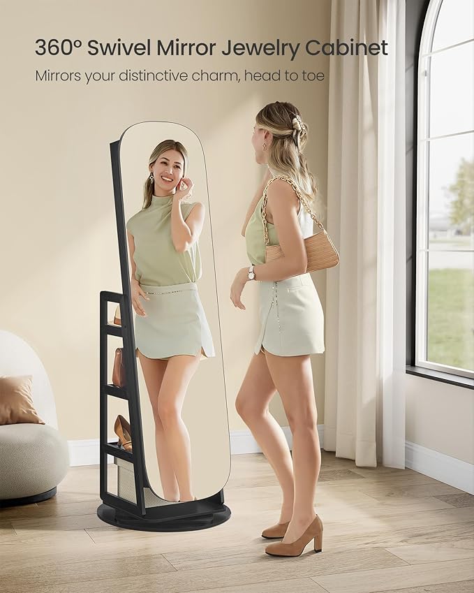 SONGMICS LED Jewelry Cabinet, 360° Swivel Jewelry Organizer, Lockable Mirror Jewelry Cabinet Standing, Rounded Wide Full-Length Mirror with Storage Shelves, Interior Mirror, Ebony Black UJJC036B01