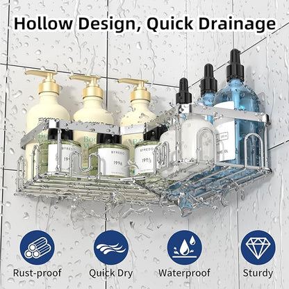 Menbyci 3 Pack Corner Shower Caddy, Adhesive Bathroom Shelves with 18 Hooks, Drill-Free & Quick-Dry Shower Organizer with Large Capacity, Rustproof Stainless Steel Bathroom Corner Storage Rack, Silver