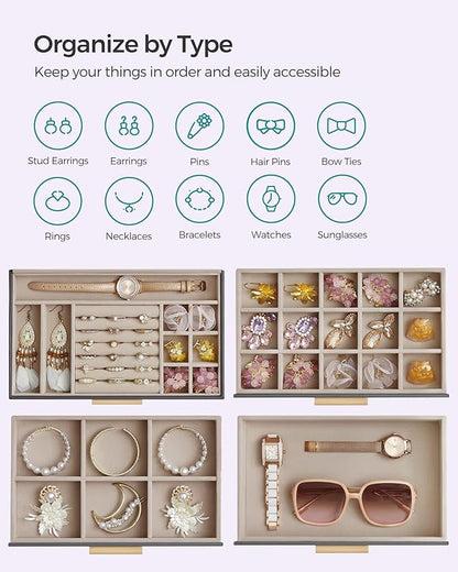 SONGMICS GISELLA Collection - Jewelry Box Organizer, 4-Layer Jewelry Storage with 3 Drawers, Shiny Metal Hardware, Glass Lid, Modern, 6 x 9.9 x 8.5 Inches, Gray and Gold Color UJBC161C01
