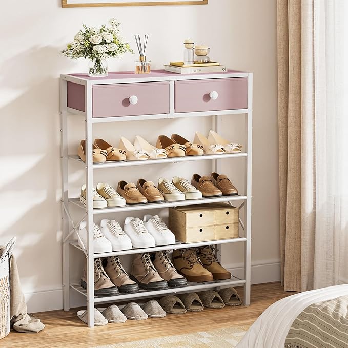 Shoe Rack for Entryway, 5 Tier Shoe Organizer with 2 Non-Woven Drawers, Metal Storage Shoe Shelf for 16-20 Pairs of Shoes, with Wooden Top and Steel Frame, Shoe Stand for Closet Pink