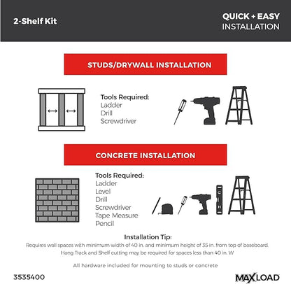 ClosetMaid MaxLoad Heavy Duty Wall Shelf Kit for Garage, 2 Shelves, Adjustable ShelfTrack Wire Shelving, Black Finish