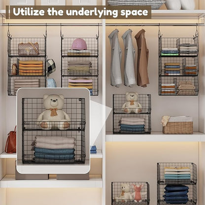 4 Tier Hanging Closet Organizer with Dividers,Extra Large Storage Hanging Shelf with 5 S Hooks 4 Dividers,Hang on Wire Closet Shelving Clothes Organizer-Black