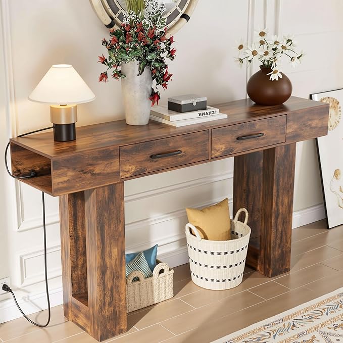 LUMISOL Farmhouse Entryway Table with 2 Drawers, Console Table with Side Power Outlet, 63-Inch Long Sofa Table for Hallway Living Room Office, Reddish Brown