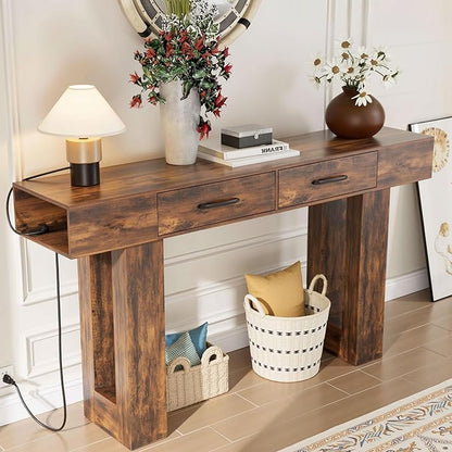 LUMISOL Farmhouse Entryway Table with 2 Drawers, Console Table with Side Power Outlet, 63-Inch Long Sofa Table for Hallway Living Room Office, Reddish Brown