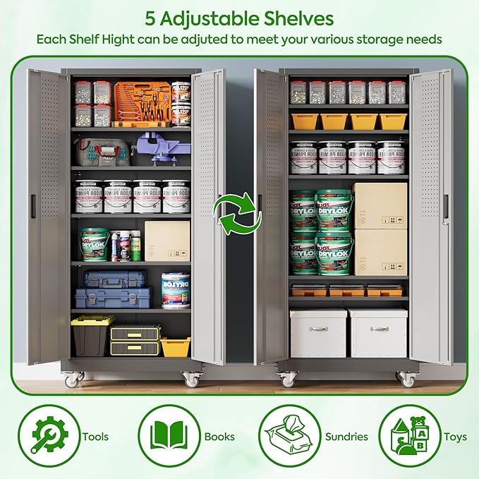 71" H Garage Storage Cabinet with Wheels and Pegboard, Lockable Metal Storage Cabinet with 5 Adjustable Shelves and 4 Hooks for Garage,Warehouse, Home, Assembly Required, Black and Gray