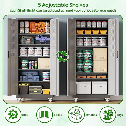 71" H Metal Garage Storage Cabinet with Wheels，Steel Storage Cabinet with Door,5 Adjustable Shelves and Pegboard for Garage Home,Required Assembly,Black &Dark Grey