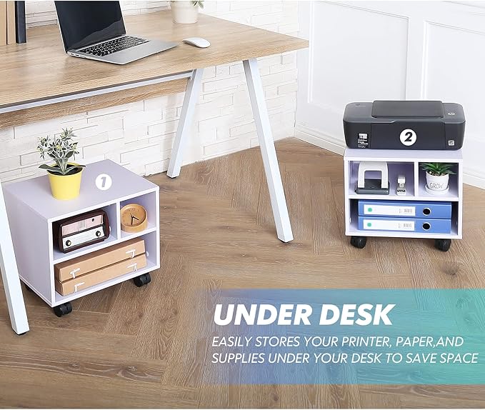 FITUEYES Under Desk Printer Stand with 3 Storage Organizer Compartments, White Mobile Small Printer Table Work Cart on Removable Casters for Home Office, 15.7 in. W x 11.8 in. D x 13.8 in. H