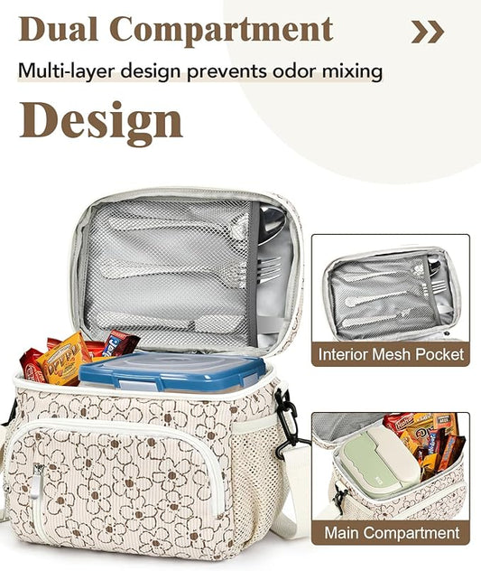 Insulated Lunch Bag for Men & Women, 9L Leakproof Lunch Box Soft Cooler Tote with 5 Pockets, 600D Oxford, EVA Lining, Adjustable Strap for Work, Picnic, Beach&Travel-Corduroy Small Flower