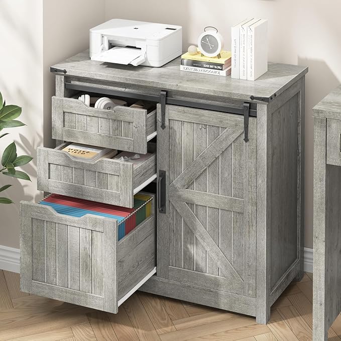 Vabches Lateral File Cabinets with Adjustable Shelf, Farmhouse Filing Cabinet for Home Office, Filing Organization Storage Cabinets with Sliding Barn Door for Hanging Files Letter/A4.