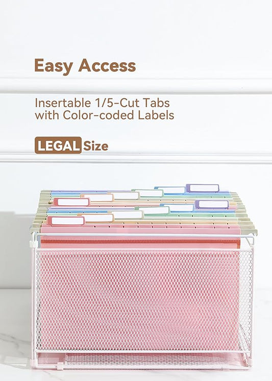 Plastic Legal Size Hanging File Folders, 12 Pack Pastel Hanging Folders, with Insertable 1/5-Cut Tabs for Filing Cabinets