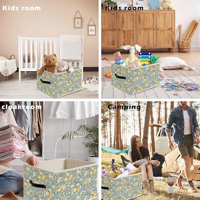 Chinoiserie Bow Floral Lemon Storage Bin Box with Handles, Vintage Shabby Chic Flower Lemons Tree Foldable Organizer Basket Toybox for Home Bedroom Bathroom Clothes Toys Books