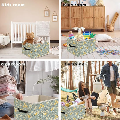 Chinoiserie Bow Floral Lemon Storage Bin Box with Handles, Vintage Shabby Chic Flower Lemons Tree Foldable Organizer Basket Toybox for Home Bedroom Bathroom Clothes Toys Books