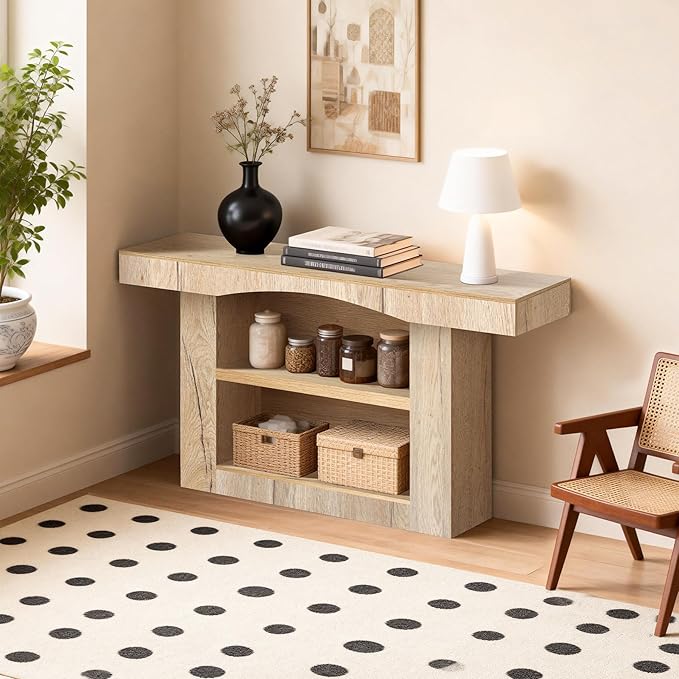 63 Inch Entryway Table Three-Shelf Cabinet, Wooden Console Table with Socket Farmhouse Sofa Table for Entrance, Hallway, Living Room,Behind Couch(Natural Brown)