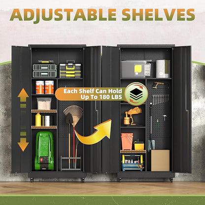 Metal Garage Storage Cabinet with Wheels, Locking Broom Closet Storage Cabinet with Adjustable Shelves, 71" H Tool Cabinet for Utility Room, Workshop, Warehouse