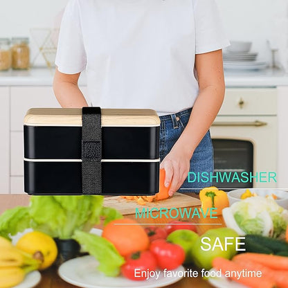 Original Bento Box Lunch Box Japanese Style 2 Layer Food Containers with Utensils Spoon and Fork Bundle Divider Salad Box for Men Women (Black)