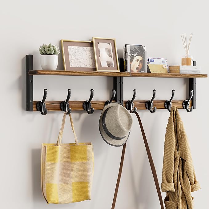 33 inch Coat Rack Wall Mount with Shelf, Set of 2 Entryway Wall Shelf with Hooks, Heavy Duty Coat Hanger Wall Mount for Living Room, Bedroom, Bathroom, Rustic Brown & Black