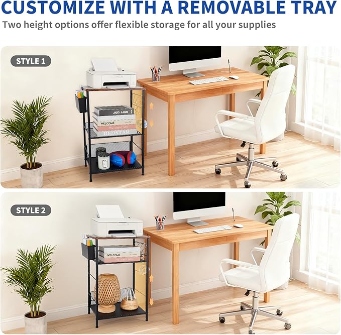 Small Under Desk Storage, Brown Printer Stand with Storage Shelf, 3-Tier Height Adjustable Printer Table with Basket & 3 Hooks for Home Office Fax Machine Scanner Files