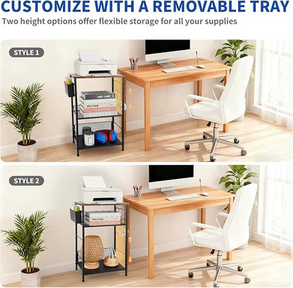 Small Under Desk Storage, Brown Printer Stand with Storage Shelf, 3-Tier Height Adjustable Printer Table with Basket & 3 Hooks for Home Office Fax Machine Scanner Files