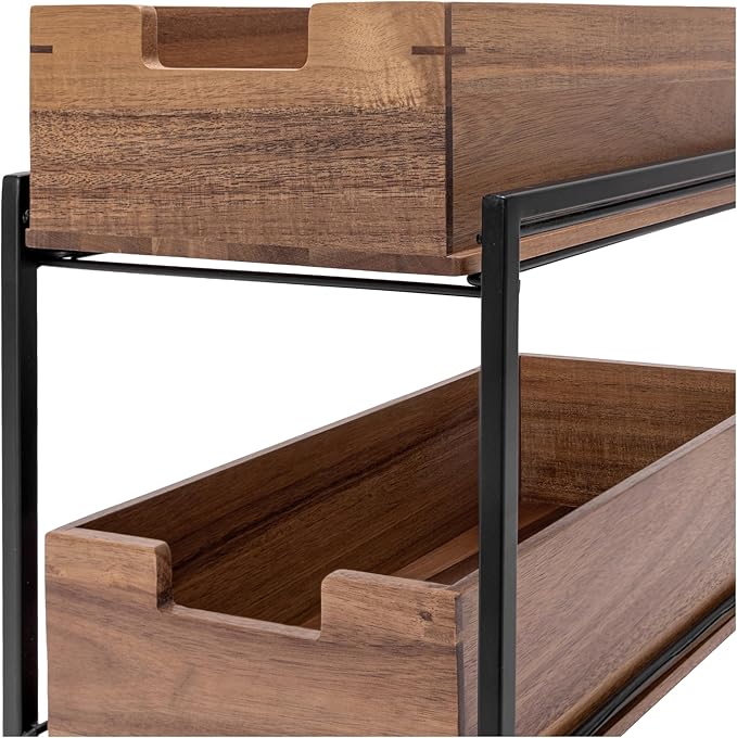 Seville Classics Acacia Wood Premium Organizer Storage Bins for Kitchen Silverware, Pantry, Closet, Office Desk, Pens, Utensils, Makeup, K Cup, Acacia, 2-Tier Bin Set, Black