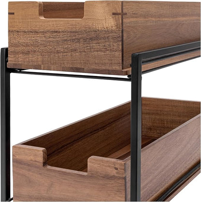 Seville Classics Acacia Wood Premium Organizer Storage Bins for Kitchen Silverware, Pantry, Closet, Office Desk, Pens, Utensils, Makeup, K Cup, Acacia, 2-Tier Bin Set, Black
