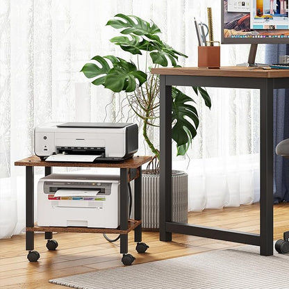 TUTOTAK 2 Tier Printer Stand, Rolling Printer Cart with Power Outlets and USB Ports, Mobile Printer Table with Wheels, for Under Desk, Office, Home,Brown PS01BB001P