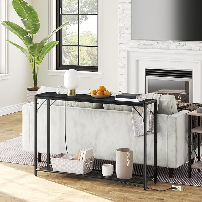 Sofa Table with Power Outlet, 43.7" Console Table with USB Ports, Behind Couch Table, Entryway Table for Living Room, Entryway, Foyer, Metal Frame, Adjustable Feet, Black CTHB11E01N1