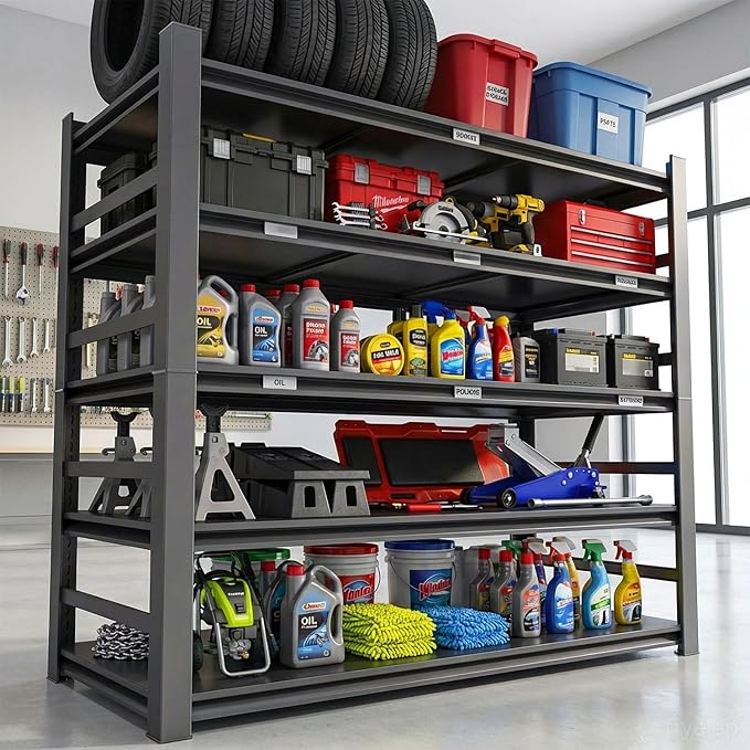 48" W Garage Shelving Heavy Duty Metal Shelves 5 Tier Adjustable Shelf Unit 3000 lbs Capacity Storage Stand Organizer for Warehouse and Basement,Black,78" H