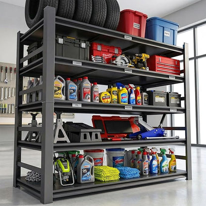 Garage Shelving 5-Tier Heavy Duty Adjustable Metal Storage, 3000Lbs Industrial Shelf Unit Black, Easy to Assemble (87" H x 47.2" W x 23.6" D)