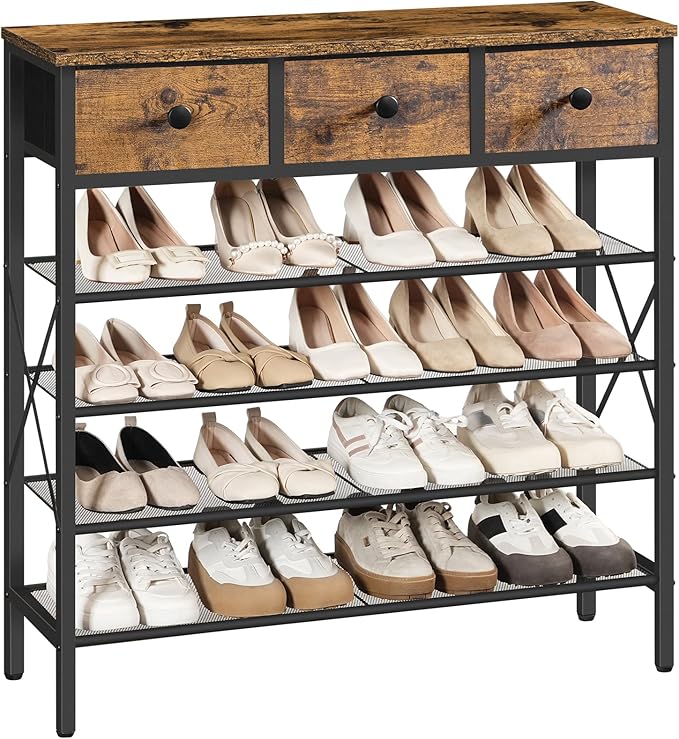 5-Tier Shoe Rack with 3 Drawers, Metal Shoe Organizer for 20 Pairs with Storage Shelves and Wooden Top, for Entryway, Hallway, Foyer, Closet, Rustic Brown and Black SS35BR