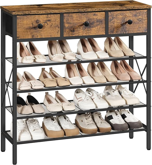 5-Tier Shoe Rack with 3 Drawers, Metal Shoe Organizer for 20 Pairs with Storage Shelves and Wooden Top, for Entryway, Hallway, Foyer, Closet, Rustic Brown and Black SS35BR