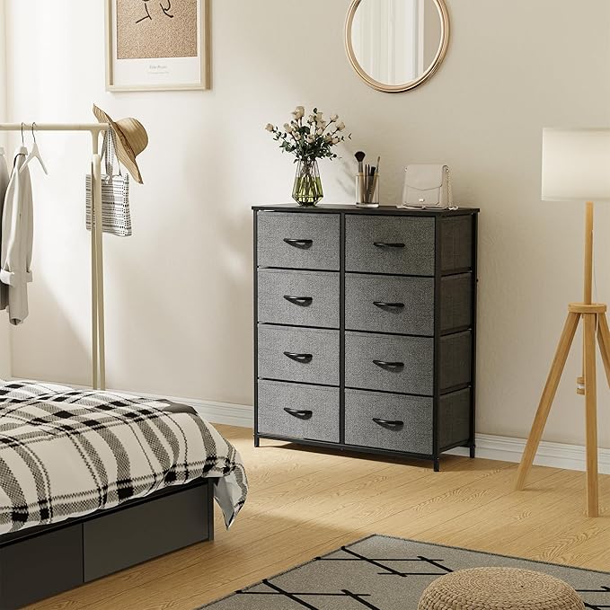 Sweetcrispy Dresser for Bedroom, Fabric Dresser with 8 Drawers, Chest of Drawers for Closet, Living Room, Sturdy Steel Frame, Wooden Top, Easy Pull Handle, Grey