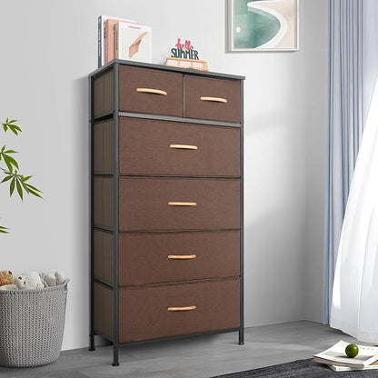 Mifuro Tall Dresser for Bedroom, Vertical Storage Organizer Tower with 6 Drawers, Chest of Drawers with Fabric Bins, Steel Frame, Wood Top for Bedroom, Closet, Entryway- Brown