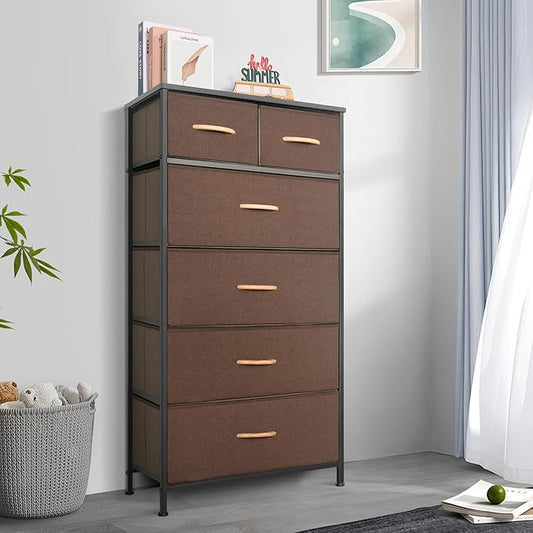 Mifuro Tall Dresser for Bedroom, Vertical Storage Organizer Tower with 6 Drawers, Chest of Drawers with Fabric Bins, Steel Frame, Wood Top for Bedroom, Closet, Entryway- Brown