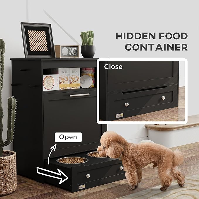PawHut Dog Feeding Station with Raised Bowls & Storage Cabinet, Pet Feeder Cabinet Container with Hanger for Feeding & Watering Supplies, Dog Food Organizer, Black