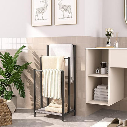 HOOBRO Free Standing Towel Rack, 3 Tier Blanket Rack, Blanket Holder for Bathroom, 16.9" L x 11" W x 31.9" H, Industrial Metal Drying and Display Rack with Shelf, Greige and Black BG03LB01