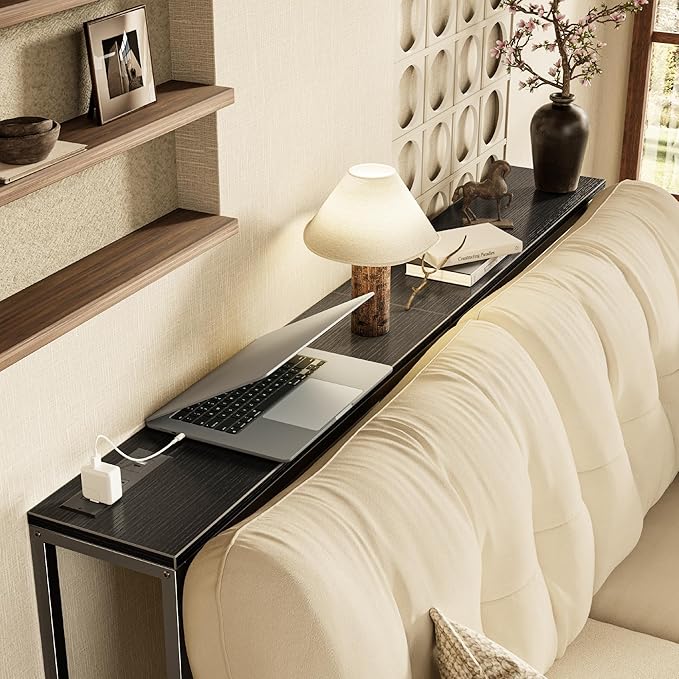 SUPERJARE Console Table with Outlet, 63 Inch Sofa Table with Charging Station, Narrow Entryway Table, Skinny Hallway Table, Behind Couch Table, for Living Room, Plants, Black