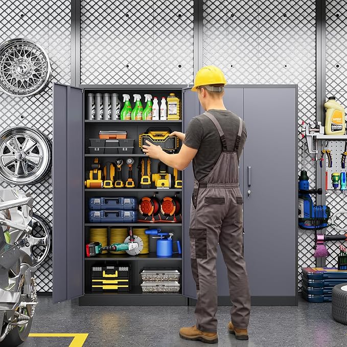 Metal Garage Storage Cabinet, 71/ inchs Locking Storage Cabinet with 2 Doors and 4 Adjustable Shelves, Lockable Metal Cabinet for Office,Home,Garage,Gym,School（Gray Black） SC9005D