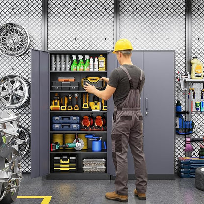 Metal Garage Storage Cabinet, 71/ inchs Locking Storage Cabinet with 2 Doors and 4 Adjustable Shelves, Lockable Metal Cabinet for Office,Home,Garage,Gym,School（Gray Black） SC9005D