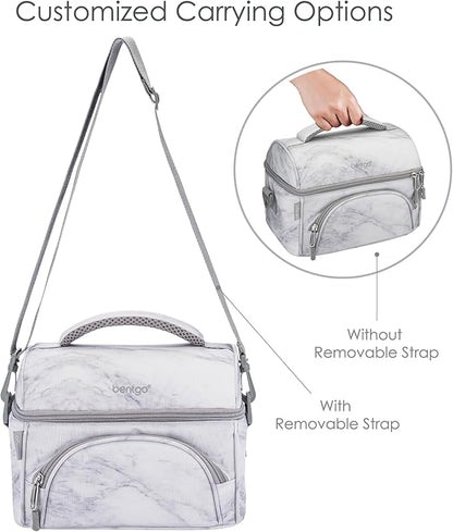 Bentgo Deluxe Lunch Bag - Durable and Insulated Lunch Tote with Zippered Outer Pocket, Internal Mesh Pocket, Padded & Adjustable Straps, & 2-Way Zippers - Fits Most Lunch Boxes (White Marble)