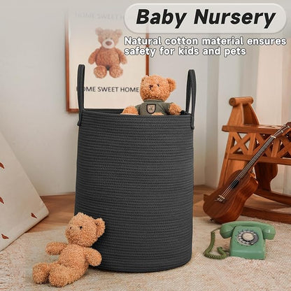 Large Woven Laundry Basket Hamper,60L Cotton Rope Storage Bin for Blankets,Toys and Clothes,Decorative Tall Nursery Hamper for Living Room,Baby Nursery,Bathroom and Bedroom,Black