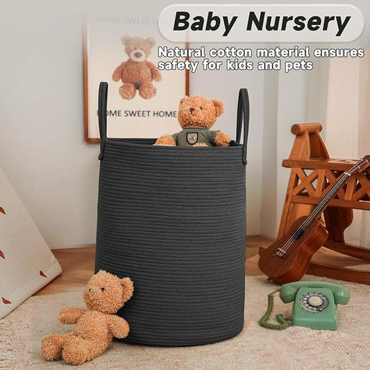 Large Woven Laundry Basket Hamper,60L Cotton Rope Storage Bin for Blankets,Toys and Clothes,Decorative Tall Nursery Hamper for Living Room,Baby Nursery,Bathroom and Bedroom,Black