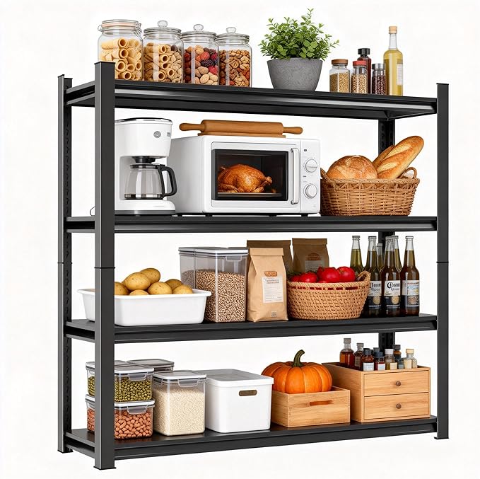 Kitchen Storage Shelves, 44''H*35''W Microwave Stand, Adjustable Metal Shelving, 1600LBS Bakers Rack, Black Kitchen Shelf, 4-Tier Shelving Unit for Bathroom, Pantry, Laundry, Closet, Garage