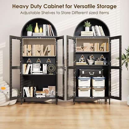 73'' H Metal Arched Display Cabinet with Glass Door,Locking Kitchen Pantry Cabinet with Lockable Door and 2 Adjustable Shelves for Home Office, Assembly Required, Black