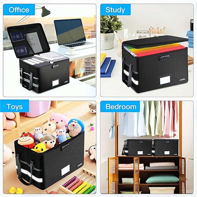 File Box with Lock, Fireproof Document Box File Organizer with Zipper & Adjustable Handle, Collapsible File Storage Box for Home Office, Filing Cabinet for Hanging Letter/Legal Folder