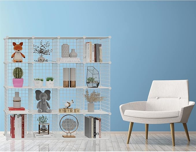 HUBSON Wire Cube Storage Organizer, Book/Toy/Craft/Potted Plants and Pet Closet Organizers, 16-Cube Freely Combinable Metal Grid Storage Shelves, White Plus Iron