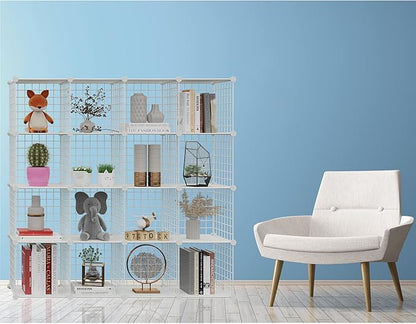 HUBSON Wire Cube Storage Organizer, Book/Toy/Craft/Potted Plants and Pet Closet Organizers, 16-Cube Freely Combinable Metal Grid Storage Shelves, White Plus Iron