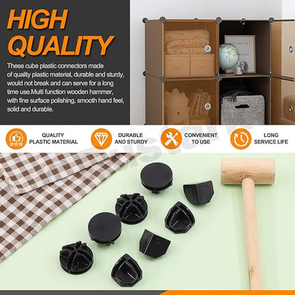 91Pcs Black Wire Grid Cube Connectors with Zip Ties and Wooden Hammer, Cube Storage Connectors Foot Connectors for Cube Storage Modular Closet Storage Organizer and Wire Shelving